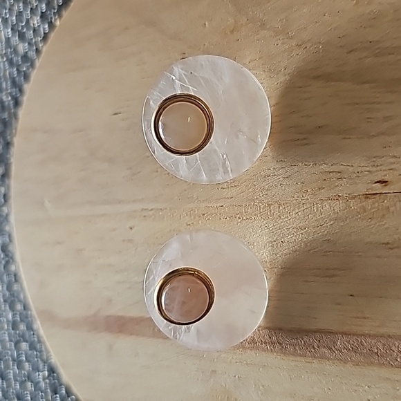 Vintage Carved MOP Jacket Rose Quartz Post Earrings - Picture 1 of 4